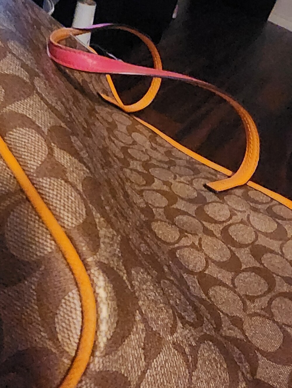 COACH Tan Signature Canvas Tote with Orange Trim and Pink Handles - Picture 8 of 11